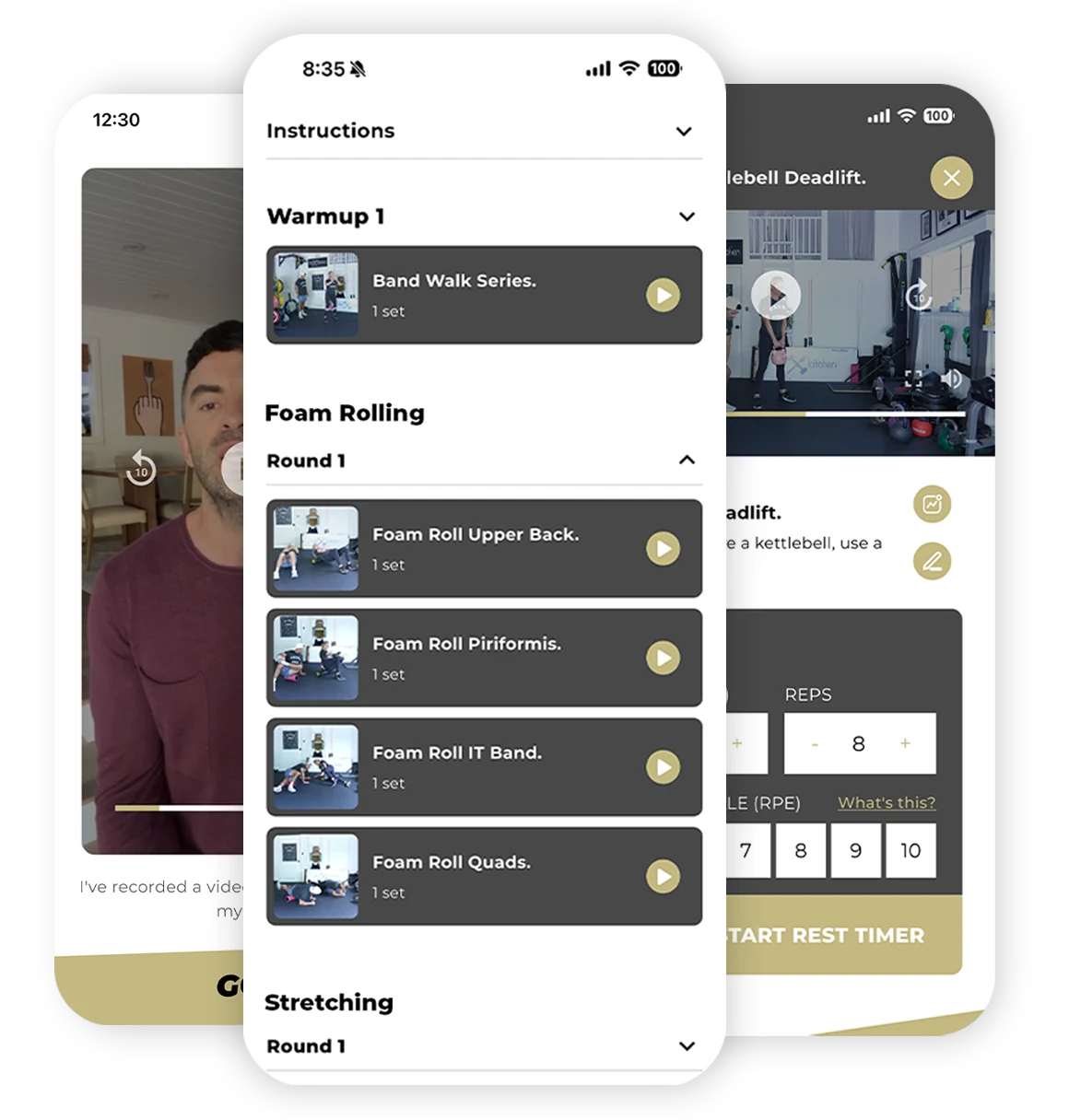 The Bruno Strong app: coaching video, your workout list, and set tracking with a rest timer