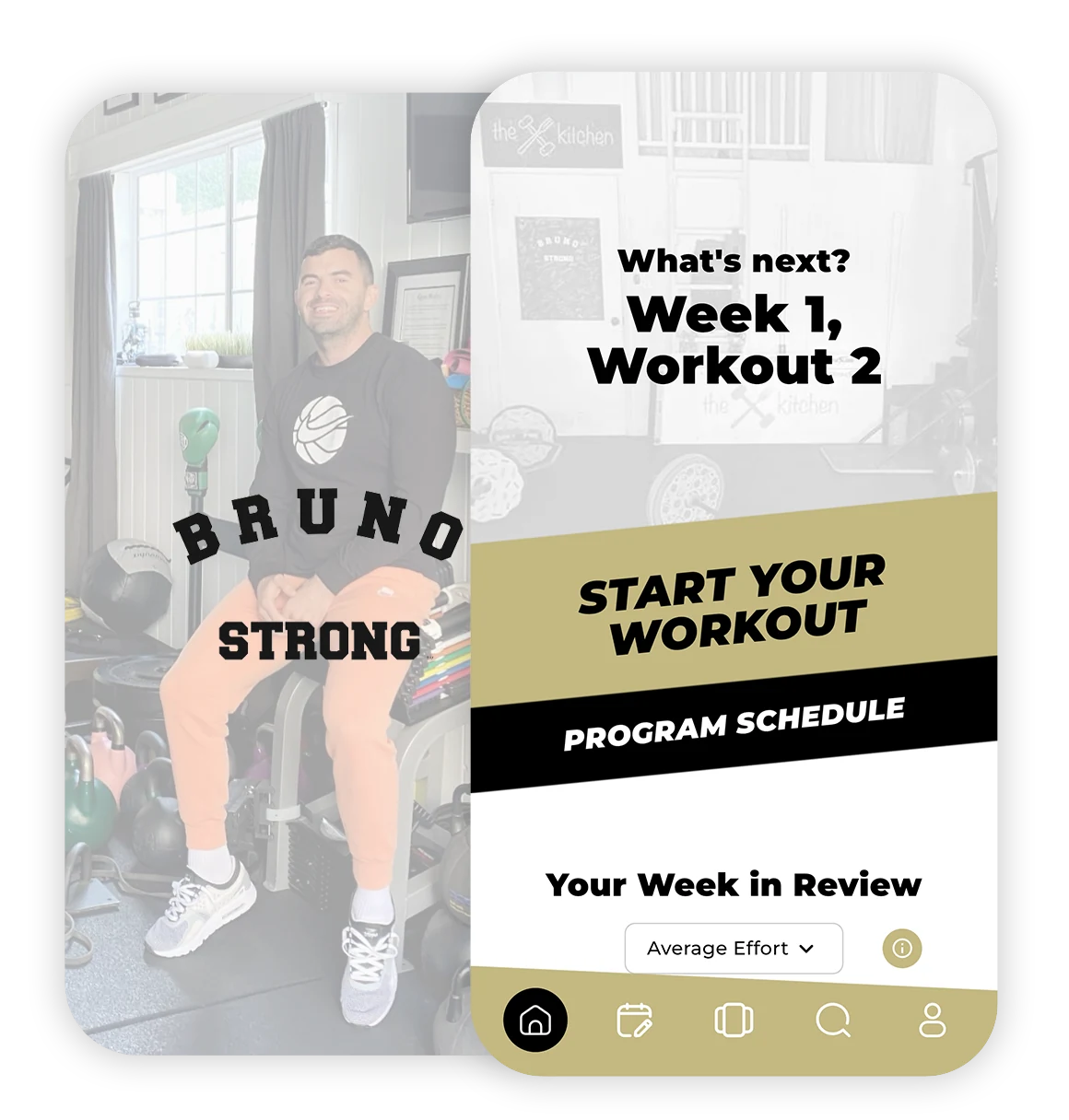 Ben Bruno in his gym, next to the Bruno Strong app showing the next workout
