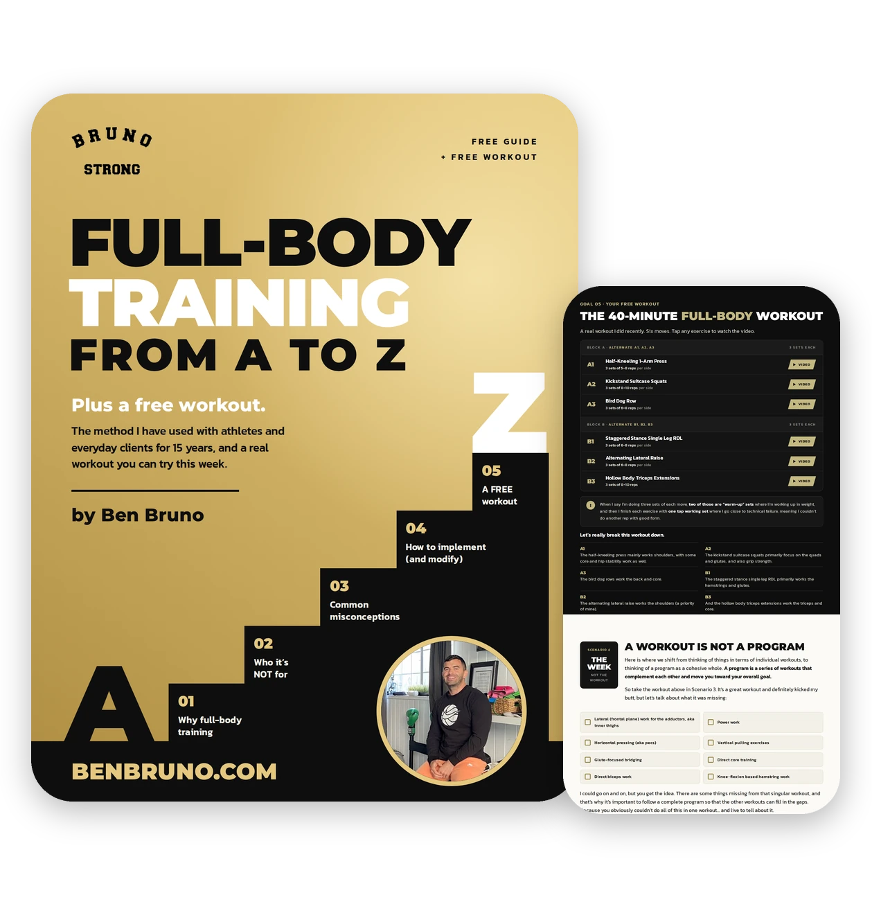 Full-Body Training from A-Z guide by Ben Bruno shown on a tablet and phone